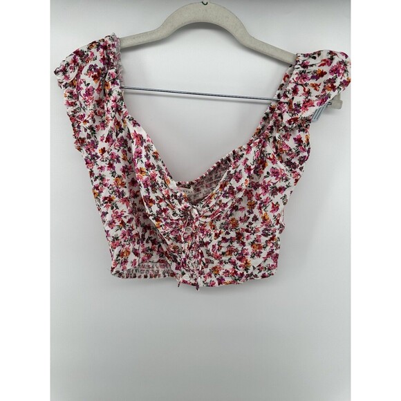 Aeropostale Crop Top Shirt  Tropical Floral Puff Sleeve Blouse Sz M - Picture 1 of 3